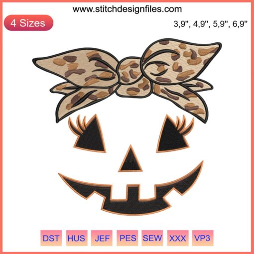 Pumpkin Halloween Embroidery with Leopard Jack-o-Lantern, Women Girls Design, Festive Fashion, Stylish Seasonal Decor
