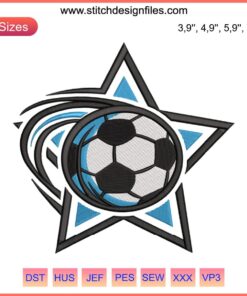 Soccer Swoosh Star Embroidery Design File: Dynamic football with swoosh and stars, perfect for machine embroidery enthusiasts.