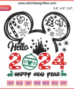 Disney Happy New Year 2024 Embroidery Design: Mickey Mouse Head with festive elements. Ideal for machine embroidery projects.
