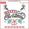 Reindeer embroidery design featuring deer antlers, colorful Christmas bells, "Merry Christmas" text. Festive machine embroidery pattern.