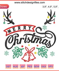 Reindeer embroidery design featuring deer antlers, colorful Christmas bells, "Merry Christmas" text. Festive machine embroidery pattern.