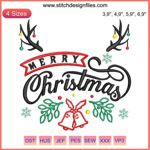 Reindeer embroidery design featuring deer antlers, colorful Christmas bells, "Merry Christmas" text. Festive machine embroidery pattern.