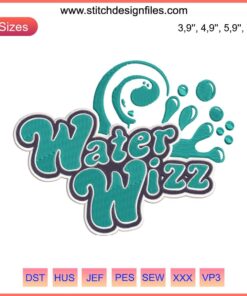 Embroidery design: "Water Wizz Funny Holidays" featuring summer vacation elements for family trips, machine-stitched pattern.