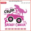 Dinosaur driving monster truck with pink ribbon, Crush Breast Cancer embroidery design, machine stitched, empowering theme.
