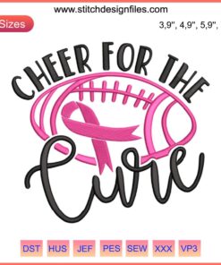 Football Pink Ribbon Embroidery - Cheer For The Cure Breast Cancer Awareness Design; features a football with a pink ribbon detail.
