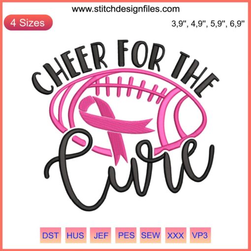 Football Pink Ribbon Embroidery - Cheer For The Cure Breast Cancer Awareness Design; features a football with a pink ribbon detail.