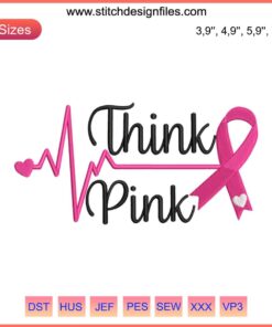 Pink Cancer Ribbon Embroidery with Heartbeat Design, Breast Cancer Survivor Machine Design, Think Pink Awareness.