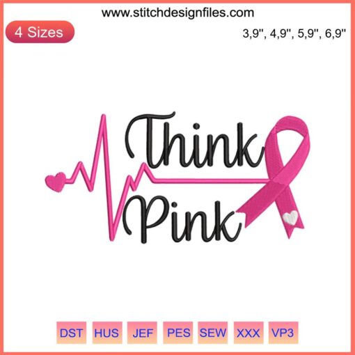 Pink Cancer Ribbon Embroidery with Heartbeat Design, Breast Cancer Survivor Machine Design, Think Pink Awareness.