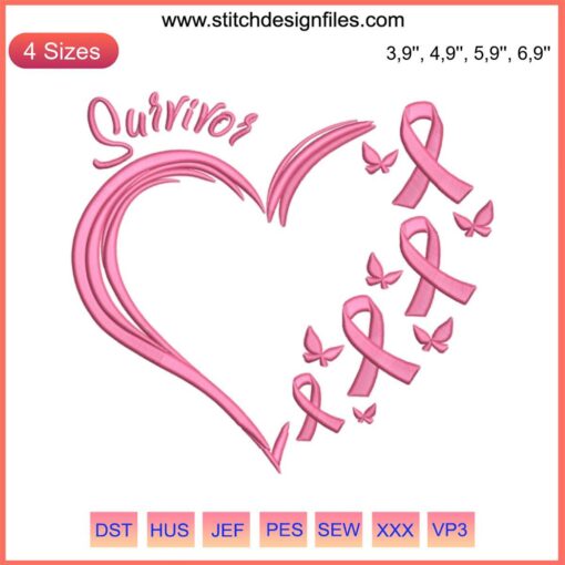 Pink ribbon butterfly heart embroidery design for breast cancer awareness, digital machine embroidery, Survivor-themed design.