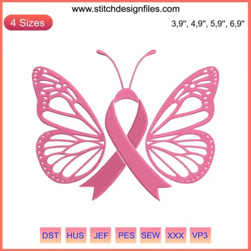 Butterfly Breast Cancer Awareness Embroidery: Pink Ribbon Design | Cancer Survivor Machine Embroidery Pattern