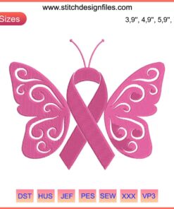 Breast Cancer Butterfly Embroidery Design: Pink Ribbon, Machine File, Awareness, Inspire, Craft, Sew.