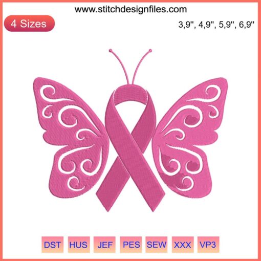Breast Cancer Butterfly Embroidery Design: Pink Ribbon, Machine File, Awareness, Inspire, Craft, Sew.