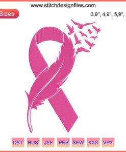 Feather Pink Ribbon Embroidery Design File | Breast Cancer Awareness | Machine Embroidery Pattern