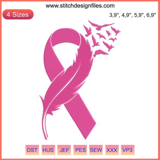 Feather Pink Ribbon Embroidery Design File | Breast Cancer Awareness | Machine Embroidery Pattern