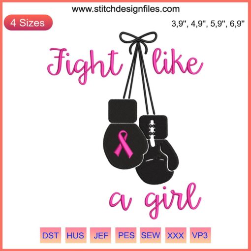 Pink Ribbon Boxing Gloves Embroidery Design | Breast Cancer Awareness | Fight Like A Girl Digital File