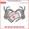 Skeleton hand forming heart around "I Love Nurse" text, Halloween embroidery design file for machine, nurse-themed.