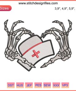 Skeleton hand forming heart around "I Love Nurse" text, Halloween embroidery design file for machine, nurse-themed.