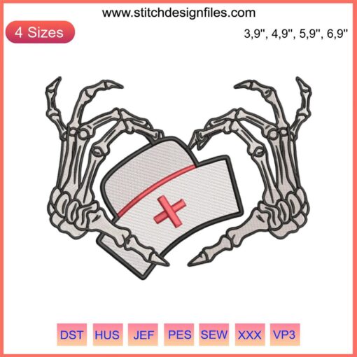 Skeleton hand forming heart around "I Love Nurse" text, Halloween embroidery design file for machine, nurse-themed.