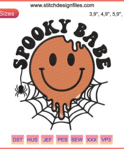 Retro Melting Smiley with "Spooky Babe" Text, Halloween-themed Embroidery Design for Mom.