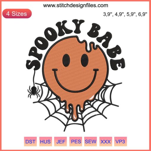 Retro Melting Smiley with "Spooky Babe" Text, Halloween-themed Embroidery Design for Mom.