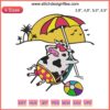 Embroidery design of a whimsical cow relaxing on the beach, inspired by Stranger Things. Summer funny beach cow design file.