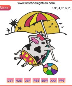 Embroidery design of a whimsical cow relaxing on the beach, inspired by Stranger Things. Summer funny beach cow design file.