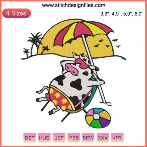 Embroidery design of a whimsical cow relaxing on the beach, inspired by Stranger Things. Summer funny beach cow design file.
