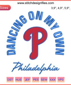 Philadelphia Phillies embroidery featuring a funny baseball machine design with "Dancing On My Own" theme.