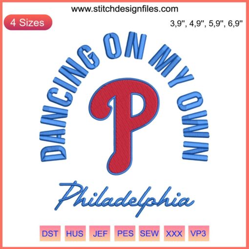 Philadelphia Phillies embroidery featuring a funny baseball machine design with "Dancing On My Own" theme.