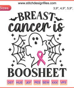Boo Sheet Breast Cancer Awareness Embroidery: Ghost with Pink Ribbon Design, Funny Halloween Theme.