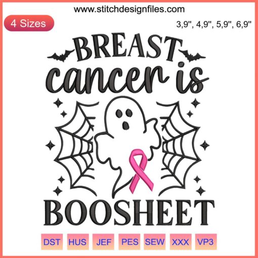 Boo Sheet Breast Cancer Awareness Embroidery: Ghost with Pink Ribbon Design, Funny Halloween Theme.