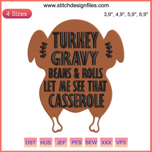 Thanksgiving Embroidery Design | Turkey Gravy Beans Rolls Casserole | Festive Holiday Decor Pattern File