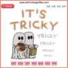 Ghost embroidery design for Halloween, featuring "It's Tricky Tricky Tricky" text, perfect for spooky season gifts.