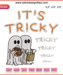 Ghost embroidery design for Halloween, featuring "It's Tricky Tricky Tricky" text, perfect for spooky season gifts.
