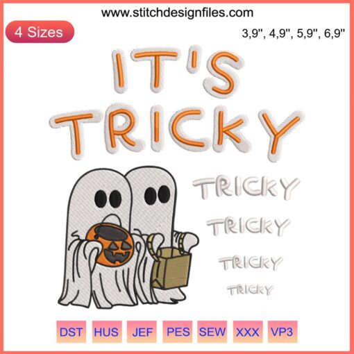 Ghost embroidery design for Halloween, featuring "It's Tricky Tricky Tricky" text, perfect for spooky season gifts.