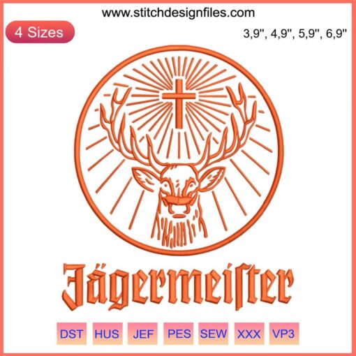 Jagermeister logo embroidery featuring a humorous deer stag head design with vibrant colors, perfect for machine embroidery projects.
