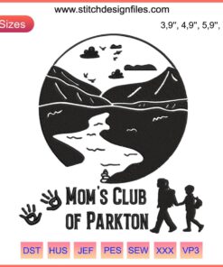 Mom's Club Of Parkton Embroidery Logo: Elegant typography, supportive moms graphic, community bonding theme, vibrant colors.