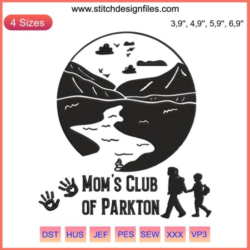 Mom's Club Of Parkton Embroidery Logo: Elegant typography, supportive moms graphic, community bonding theme, vibrant colors.