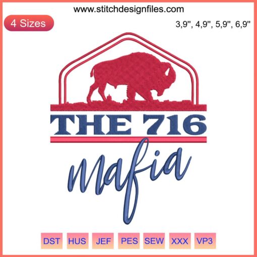 Buffalo Mafia 716 Embroidery Design | Buffalo Bills Mafia NY Football File | Bold Font, Red & Blue Grays, Iconic Buffalo Silhouette