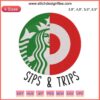 Starbucks Target Machine Embroidery Design File: "Sips And Trips" theme with coffee cup and travel elements.