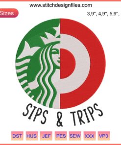Starbucks Target Machine Embroidery Design File: "Sips And Trips" theme with coffee cup and travel elements.