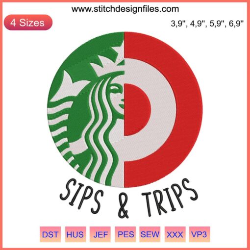 Starbucks Target Machine Embroidery Design File: "Sips And Trips" theme with coffee cup and travel elements.