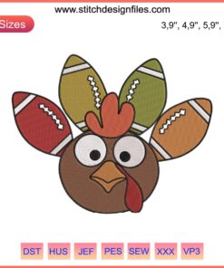Thanksgiving turkey embroidery with a football helmet; fun gift design for football fans.