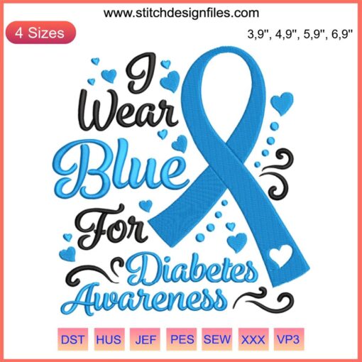 Blue Awareness Ribbon: "In November We Wear Blue" Diabetes Embroidery Design with awareness theme.