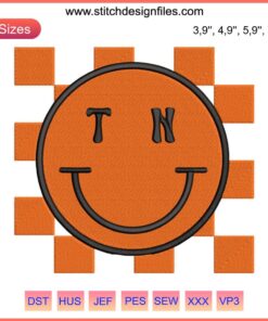 Tennessee retro smiley face embroidery file, checkerboard design, machine-ready, checkered pattern, vintage style.