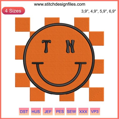 Tennessee retro smiley face embroidery file, checkerboard design, machine-ready, checkered pattern, vintage style.
