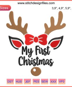 "Adorable embroidery of 'My 1st Christmas' featuring a festive reindeer. Perfect for baby's first Christmas design."