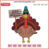 Turkey eating pizza embroidery design, funny Thanksgiving, vegan-friendly, family-friendly, digital machine embroidery pattern.