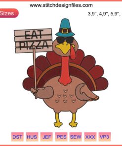 Turkey eating pizza embroidery design, funny Thanksgiving, vegan-friendly, family-friendly, digital machine embroidery pattern.