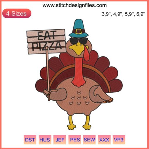 Turkey eating pizza embroidery design, funny Thanksgiving, vegan-friendly, family-friendly, digital machine embroidery pattern.